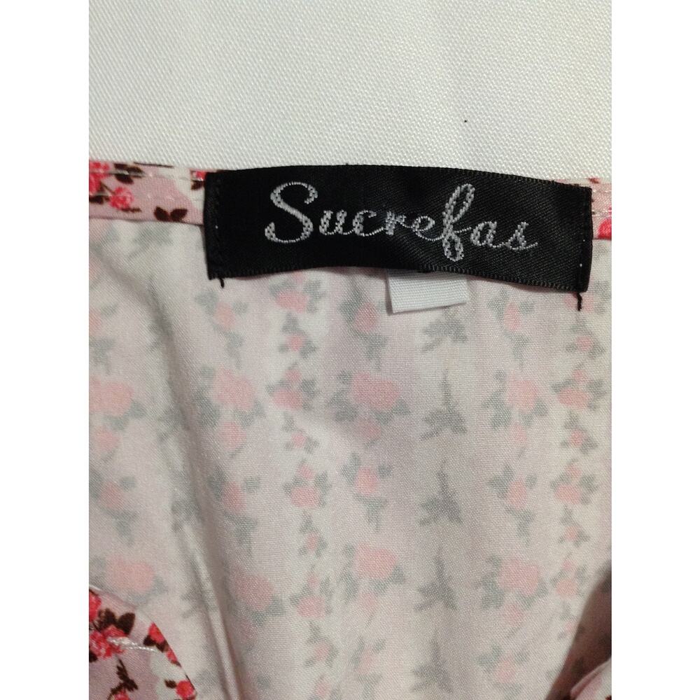 Sucrefas Pink Floral Rose Stripe Dress Large L Cap Sleeve Cottagecore Fit Flare - Picture 7 of 10